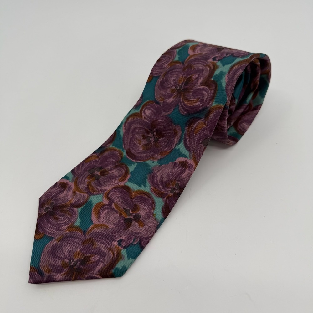 Geoffrey Beene Tie Mens Purple Teal Floral Italian Fabric Made USA Necktie